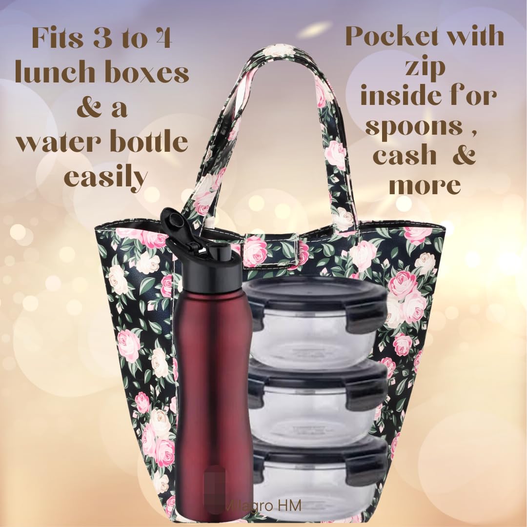 Lunch Bag | Faux Leather Exterior & Inner Waterproof Lining (Floral)