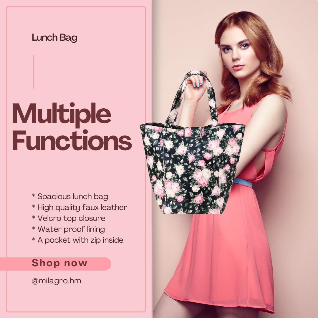 Lunch Bag | Faux Leather Exterior & Inner Waterproof Lining (Floral)