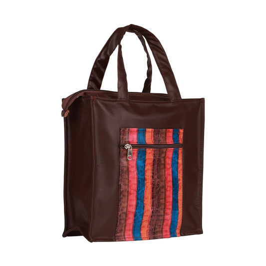 Handmade Lunch Bag for Office & College Faux Leather Tiffin Bag with Zip Closure Brown
