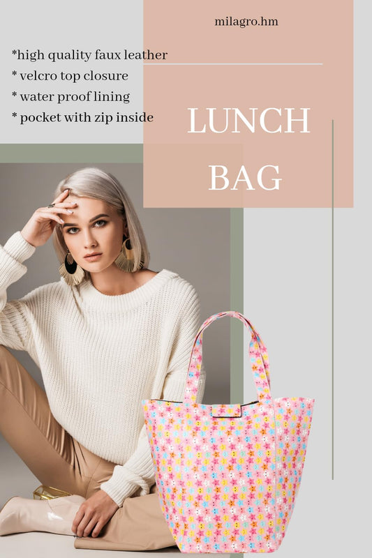 Lunch Bag | Faux Leather Exterior & Inner Waterproof Lining Starry Nights : Pink