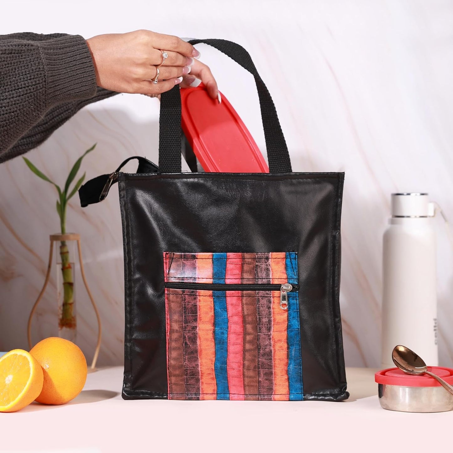 Handmade Lunch Bag for Office & College Faux Leather Tiffin Bag with Zip Closure