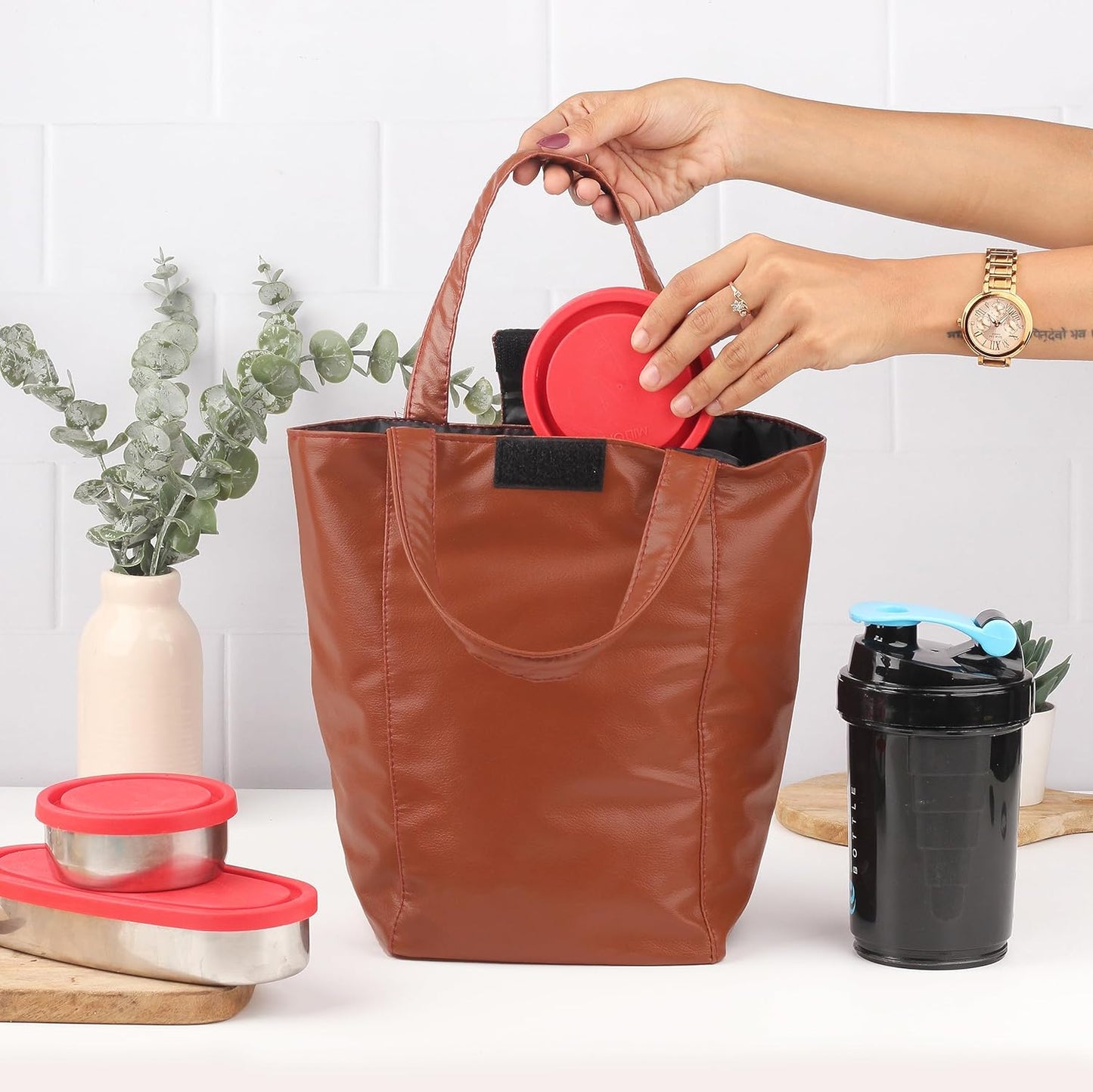 Stylish Lunch Bag - Faux Leather Exterior, Trendy Prints | Inner Waterproof Lining
