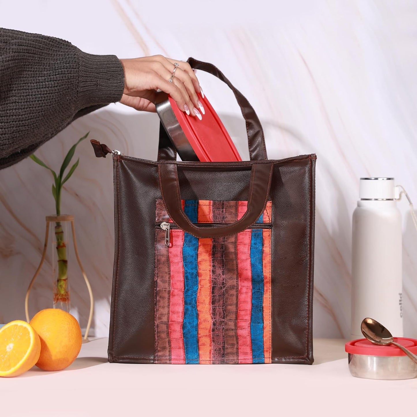 Handmade Lunch Bag for Office & College Faux Leather Tiffin Bag with Zip Closure