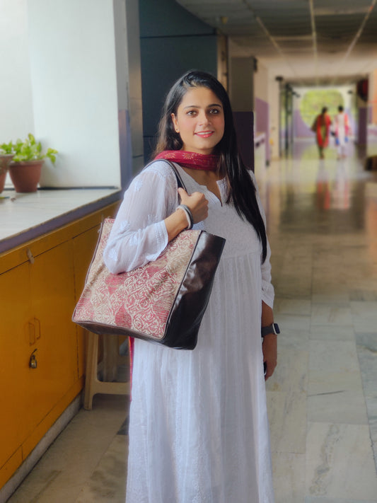 Jaquard and Leather Tote Bags