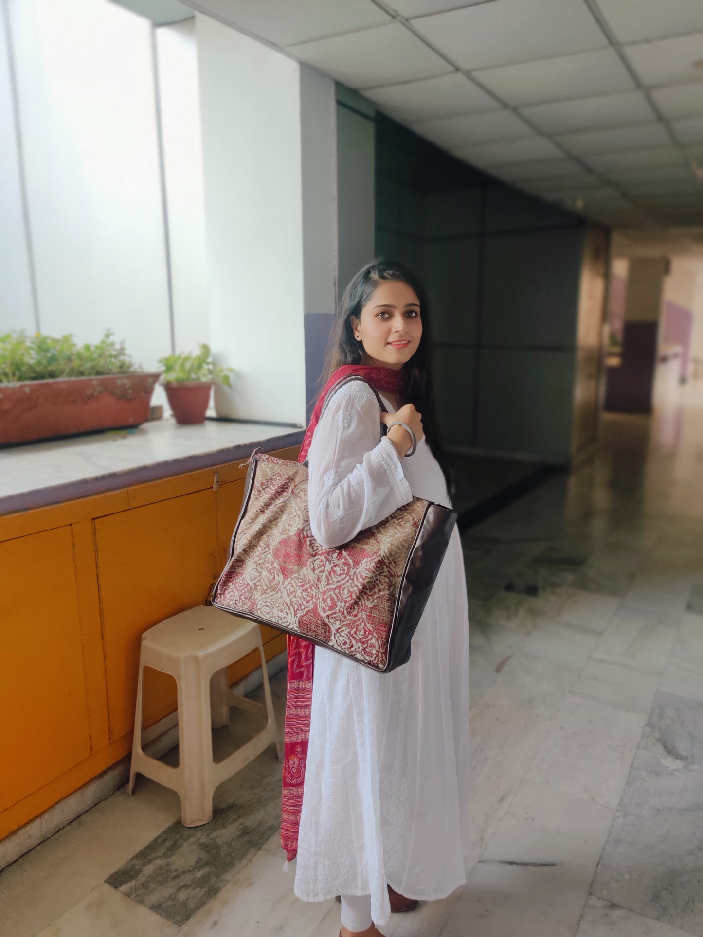 Jaquard and Leather Tote Bags