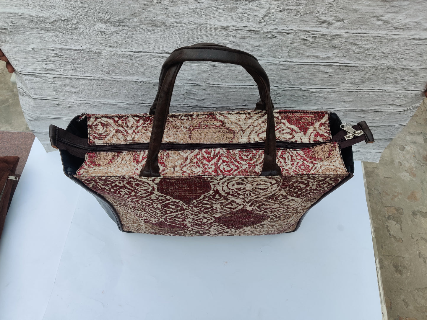 Jaquard and Leather Tote Bags