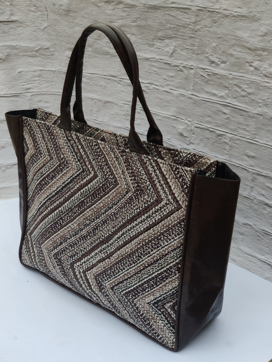 Jaquard and Leather Tote Bags Black