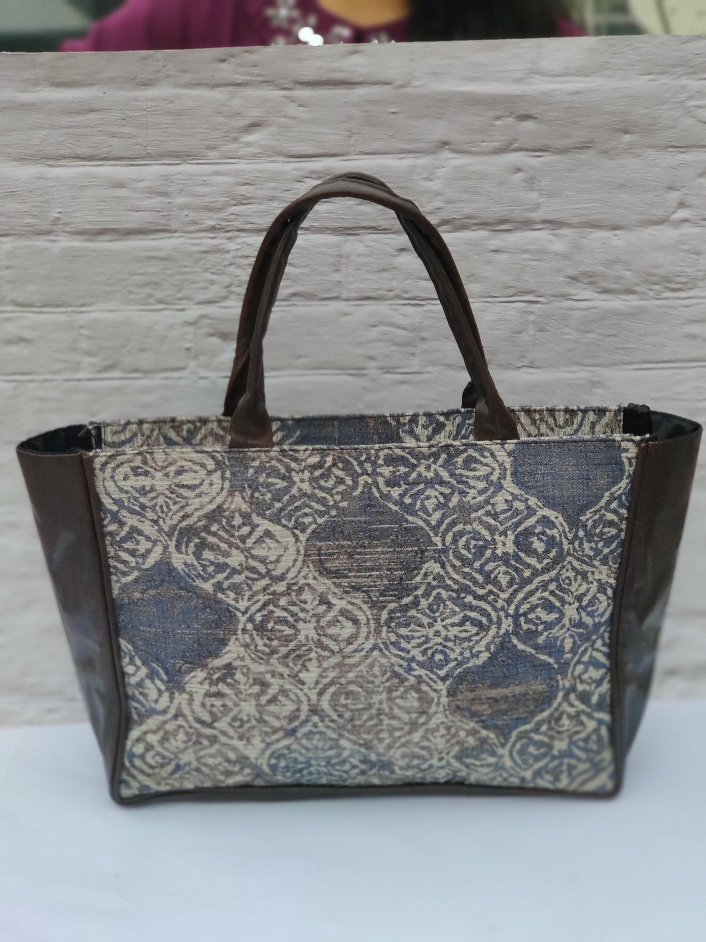 Jaquard and Leather Tote Bags