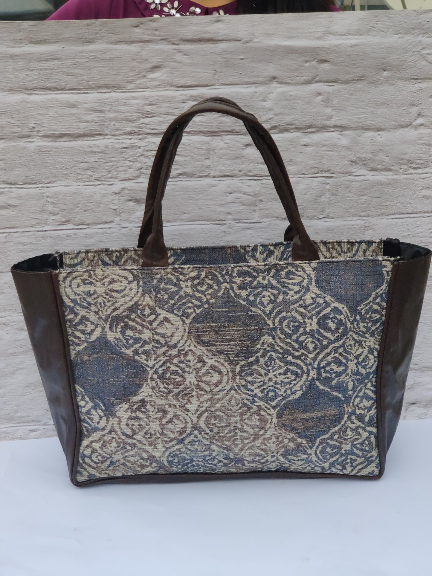 Jaquard and Leather Tote Bags