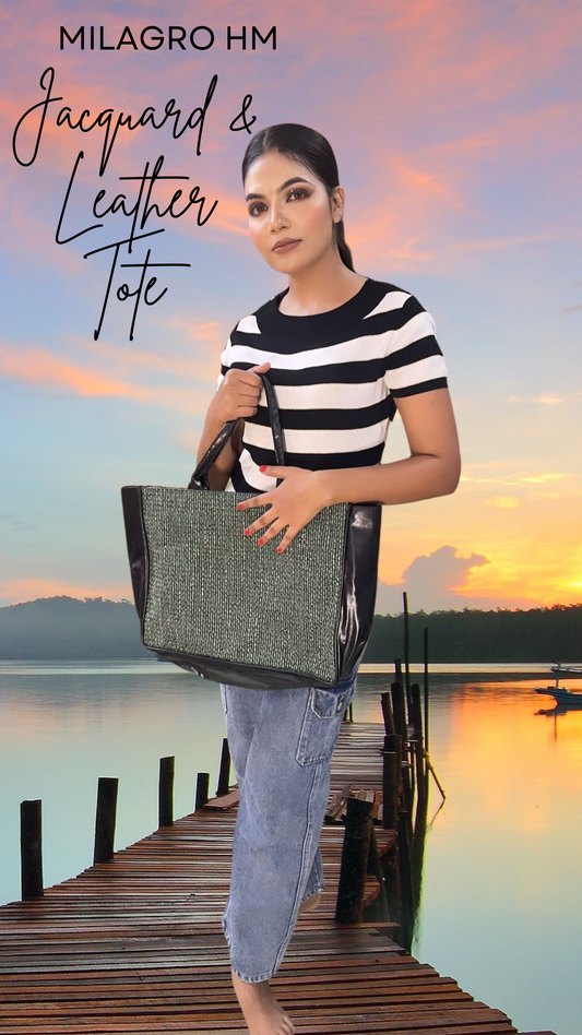 Jaquard and Leather Tote Bags Green