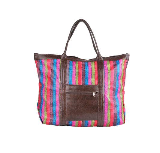 On-the-Go Tote Bag | Faux Leather Exterior & Inner Waterproof Lining Striped - Multi Colour