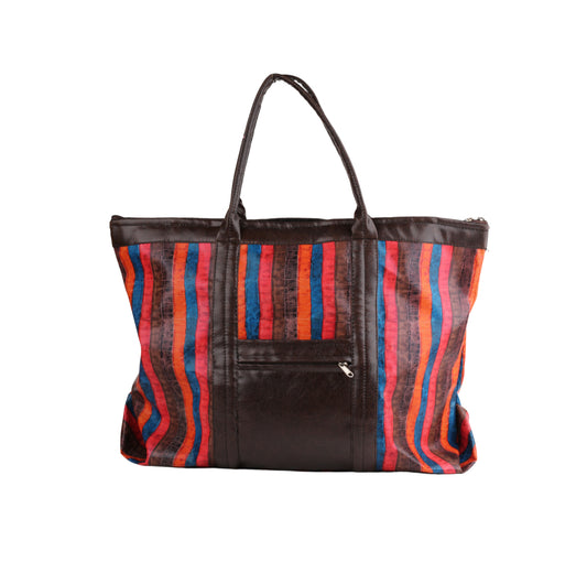 On-the-Go Tote Bag | Faux Leather Exterior & Inner Waterproof Lining Striped - Earthy Tones
