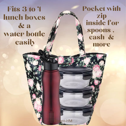 Lunch Bag | Faux Leather Exterior & Inner Waterproof Lining (Floral)