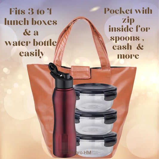 Stylish Lunch Bag - Faux Leather Exterior, Trendy Prints | Inner Waterproof Lining Caramel