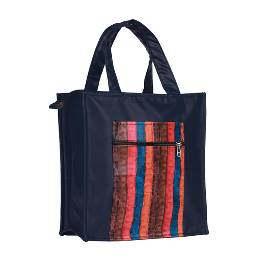 Handmade Lunch Bag for Office & College Faux Leather Tiffin Bag with Zip Closure Blue