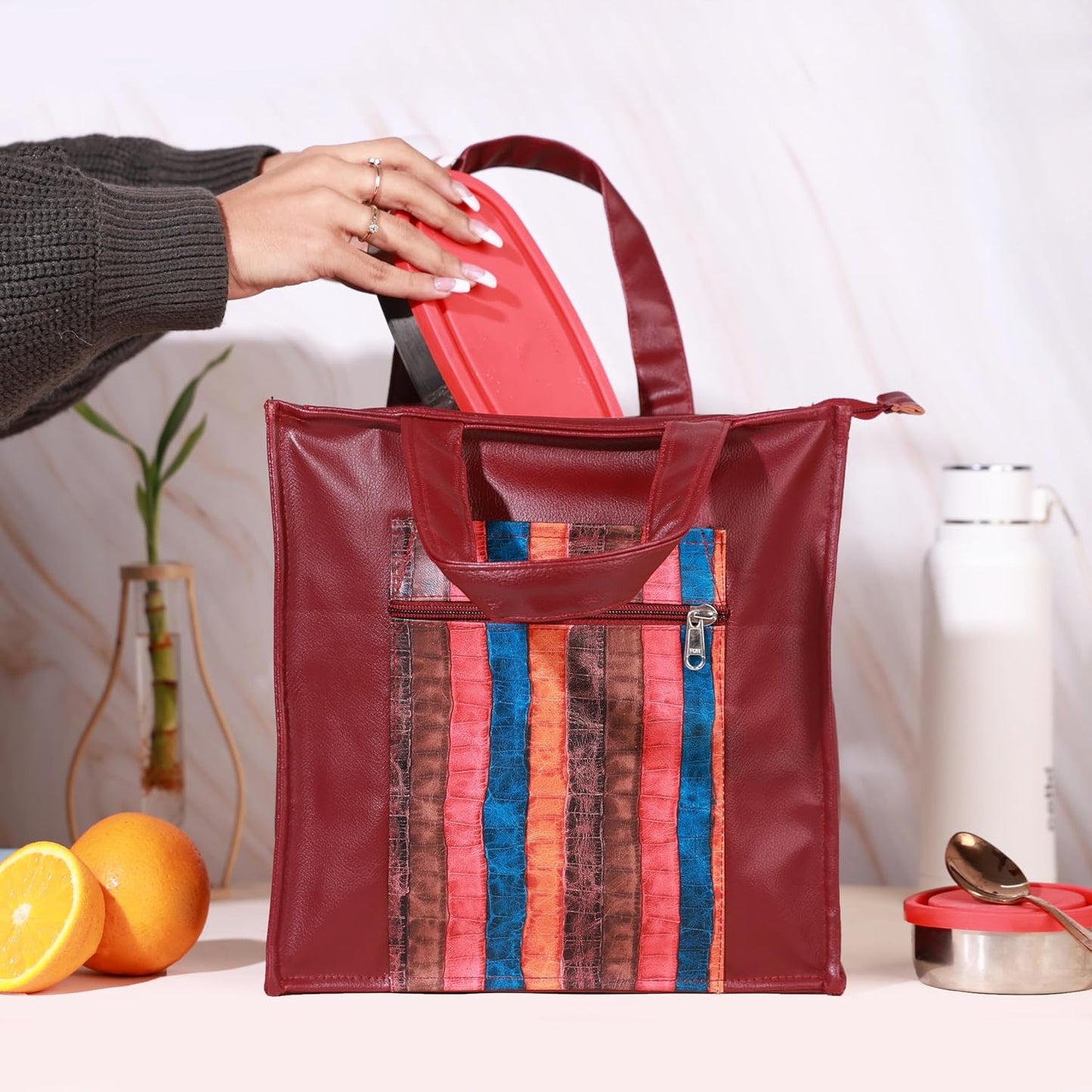 Handmade Lunch Bag for Office & College Faux Leather Tiffin Bag with Zip Closure