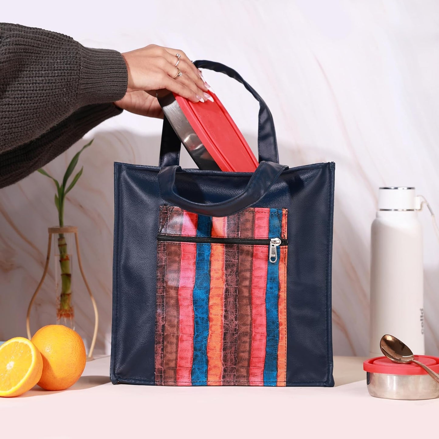 Handmade Lunch Bag for Office & College Faux Leather Tiffin Bag with Zip Closure