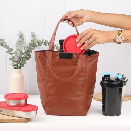 Stylish Lunch Bag - Faux Leather Exterior, Trendy Prints | Inner Waterproof Lining Caramel