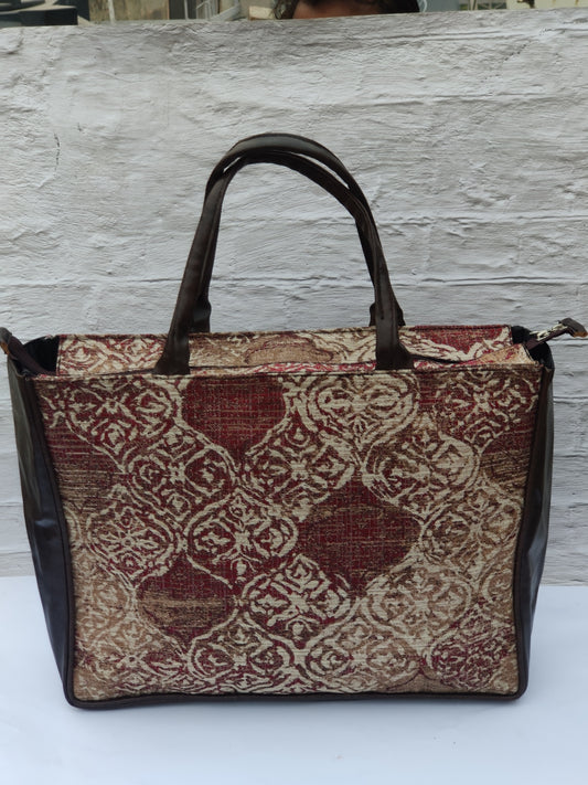 Jaquard and Leather Tote Bags Marron