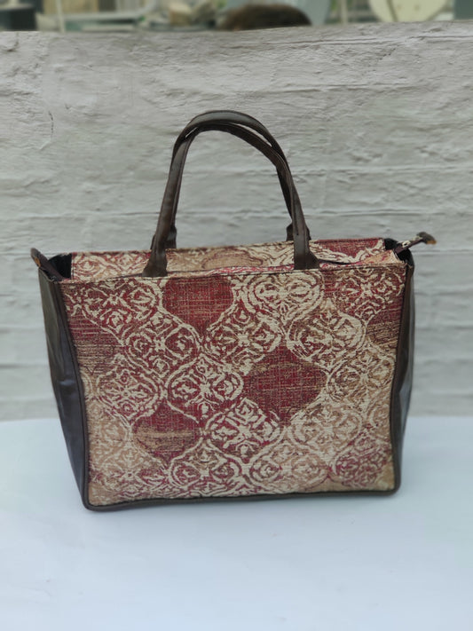 Jaquard and Leather Tote Bags Marron