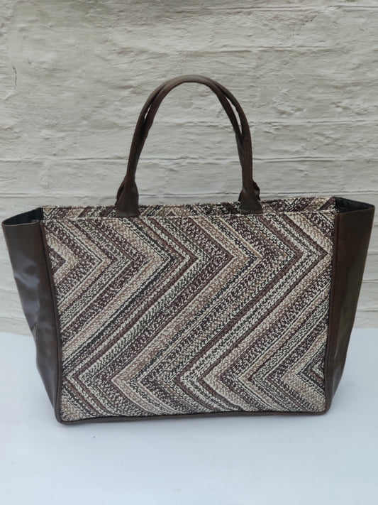 Jaquard and Leather Tote Bags Black