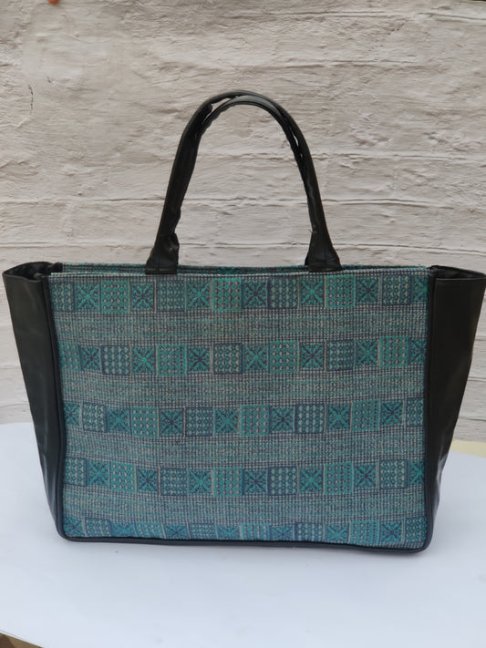 Jaquard and Leather Tote Bags Dark Blue