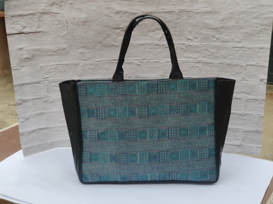 Jaquard and Leather Tote Bags Dark Blue