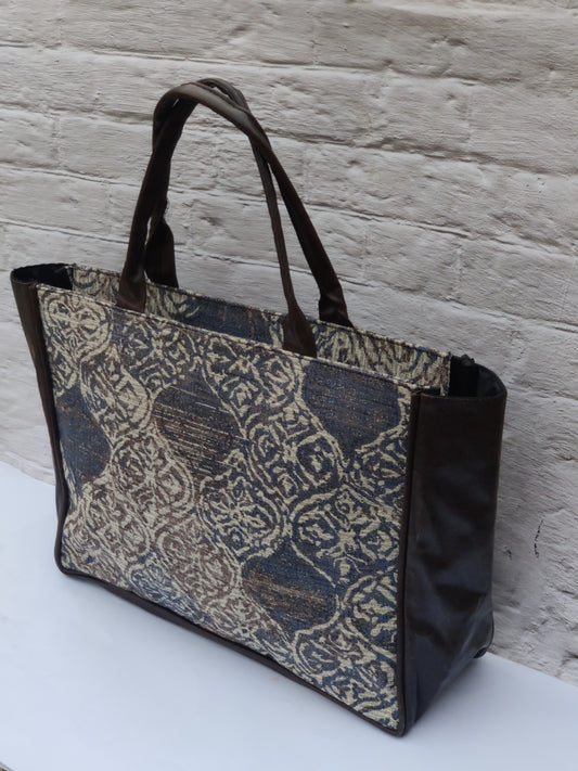 Jaquard and Leather Tote Bags Brown