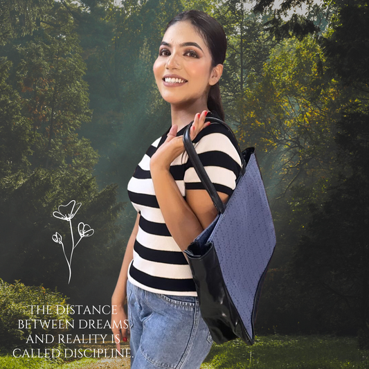 Jaquard and Leather Tote Bags Blue